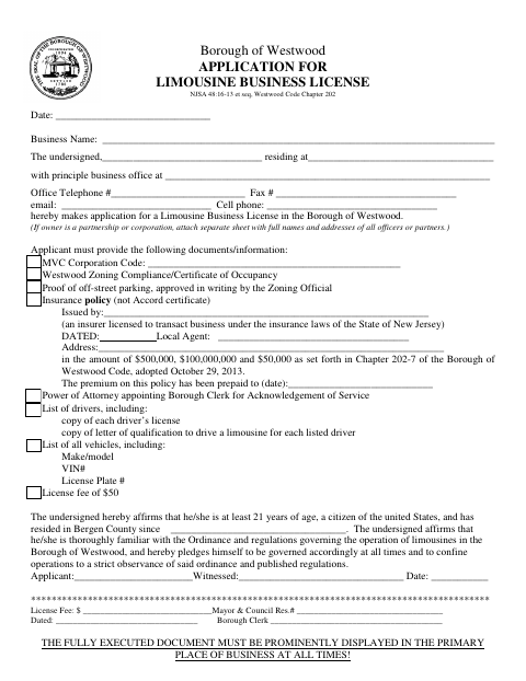 First page of the Limousine Business License Application
