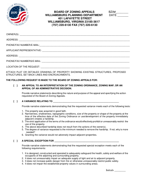 First page of the Board of Zoning Appeals Application