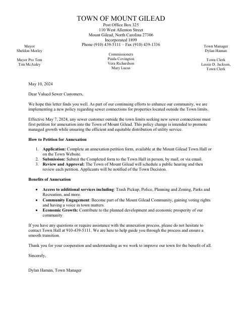First page of the Annexation Letter and Application for Sewer Customers
