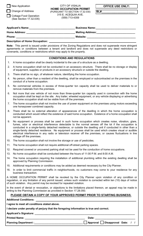 First page of the Home Occupation Permit