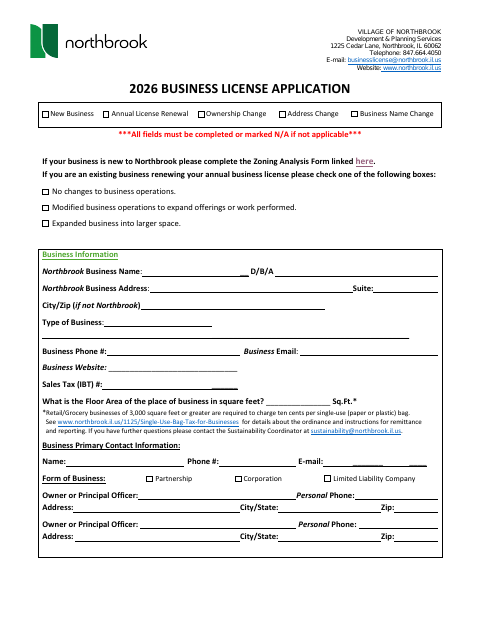 First page of the 2026 Business License Application