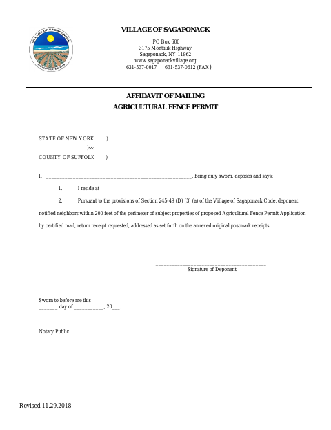 First page of the Affidavit of Mailing Agricultural Fence Permit