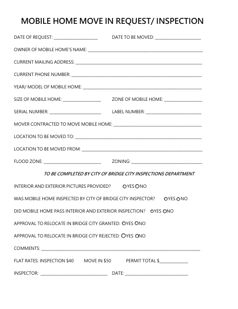 First page of the Mobile Home Move In Request/Inspection
