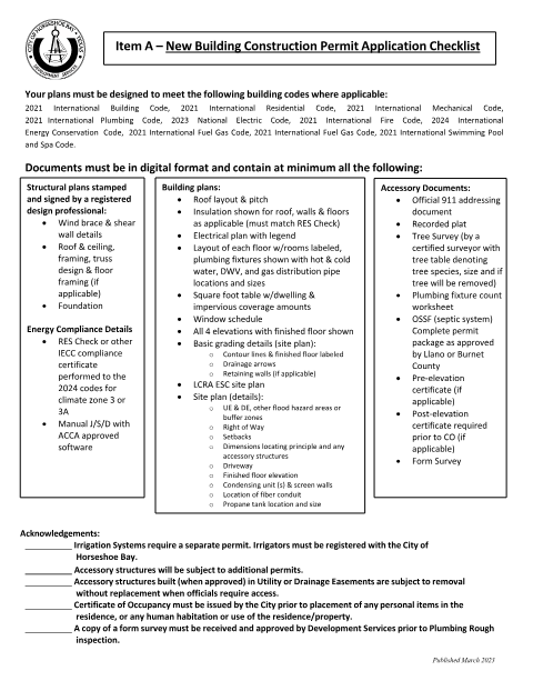 First page of the New Residential Construction Application Checklist