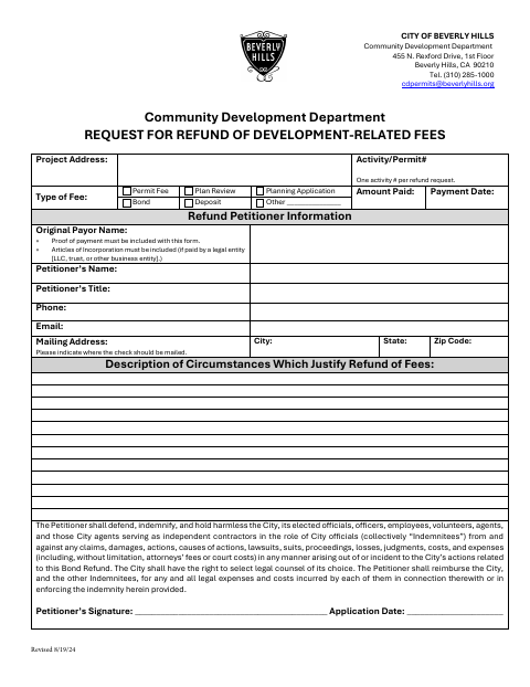 First page of the Request for Refund of Development-Related Fees