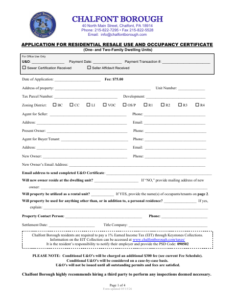 First page of the Residential Resale Use and Occupancy Certificate Application