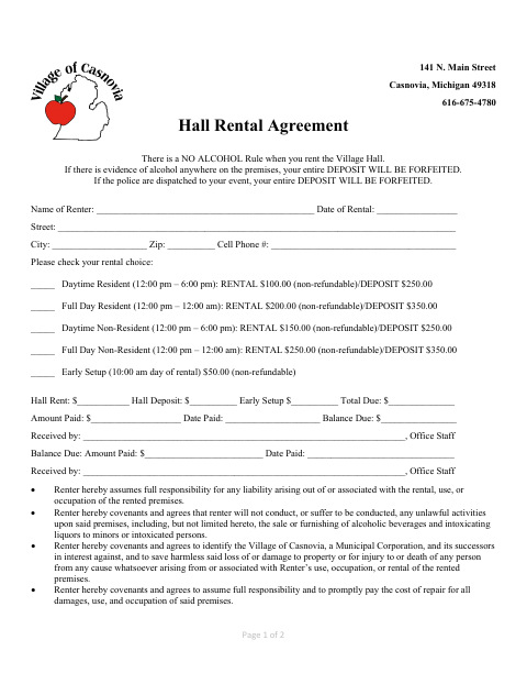 First page of the Hall Rental Agreement
