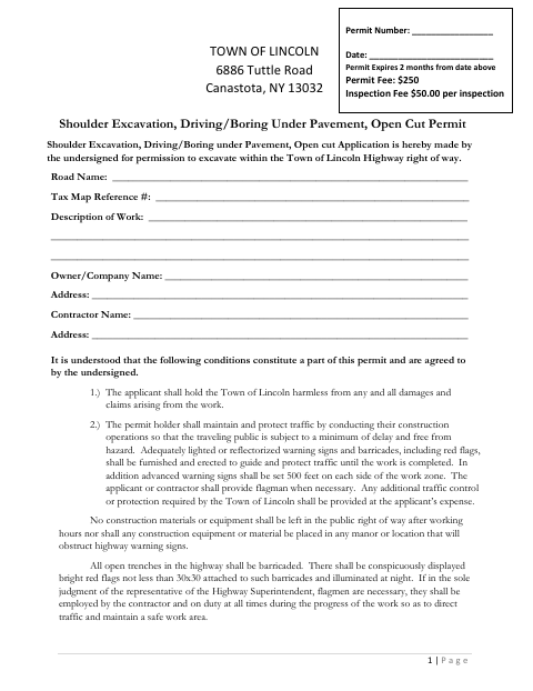 First page of the Shoulder Excavation, Driving/Boring Under Pavement, Open Cut Permit