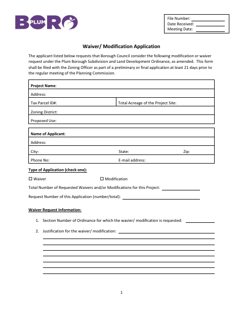 First page of the Waiver and Modification Application