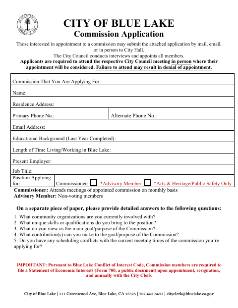 First page of the Commission Application