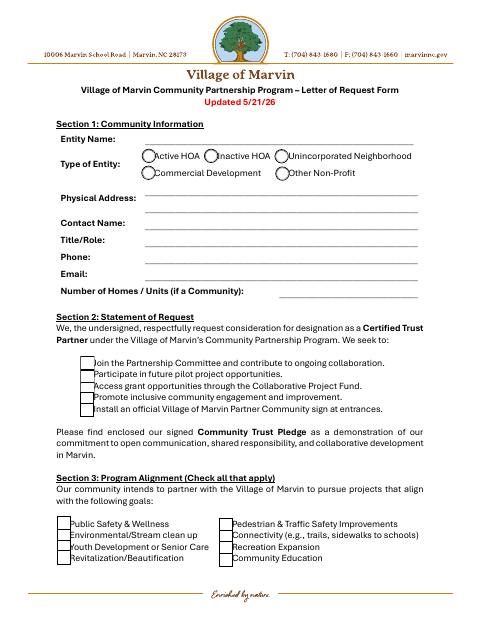 First page of the Community Partnership Program Letter of Request Form