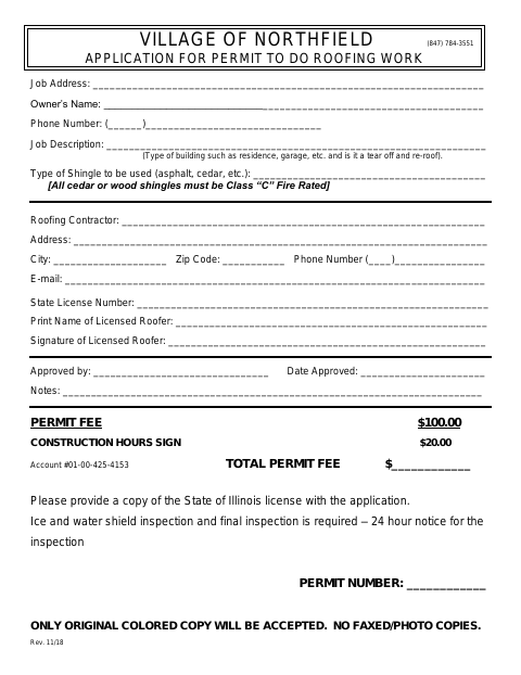 First page of the Roofing Work Permit Application