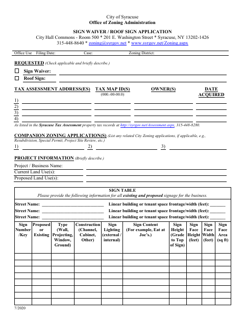 First page of the Sign Waiver / Roof Sign Application