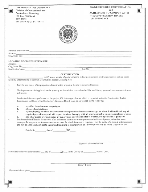First page of the Owner-Builder Certification