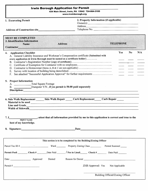 First page of the Excavating Permit Application
