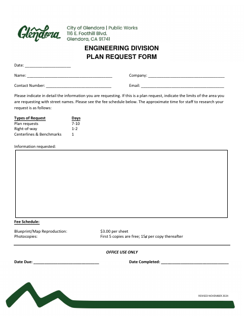 First page of the Engineering Division Plan Request Form