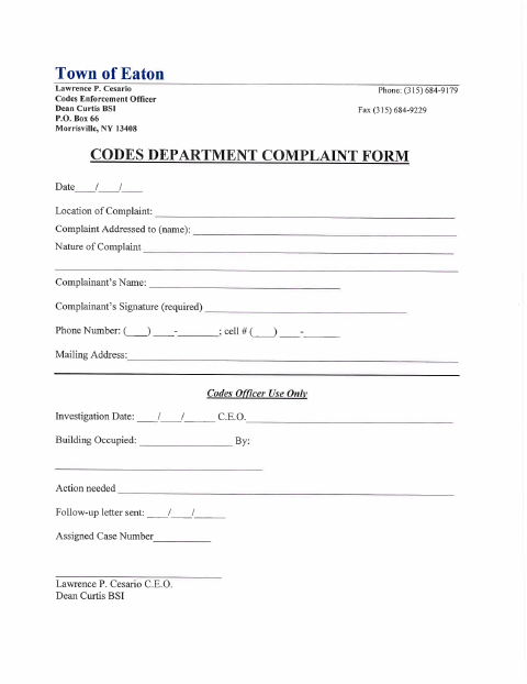 First page of the Codes Department Complaint Form