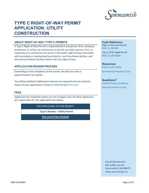 First page of the Type C Right-of-Way Permit Application: Utility Construction
