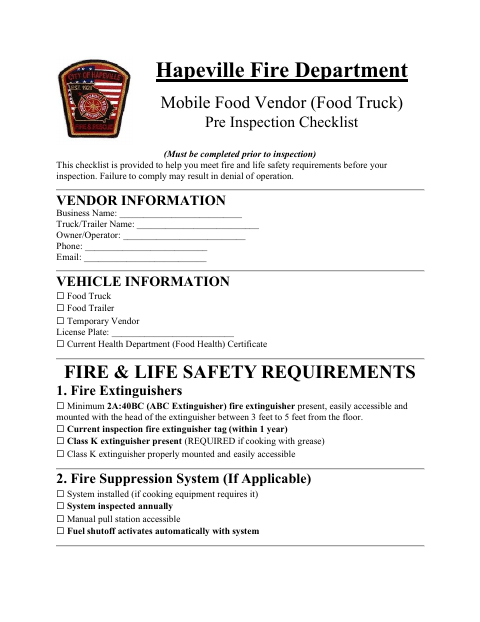 First page of the Mobile Food Vendor (Food Truck) Pre-Inspection Checklist