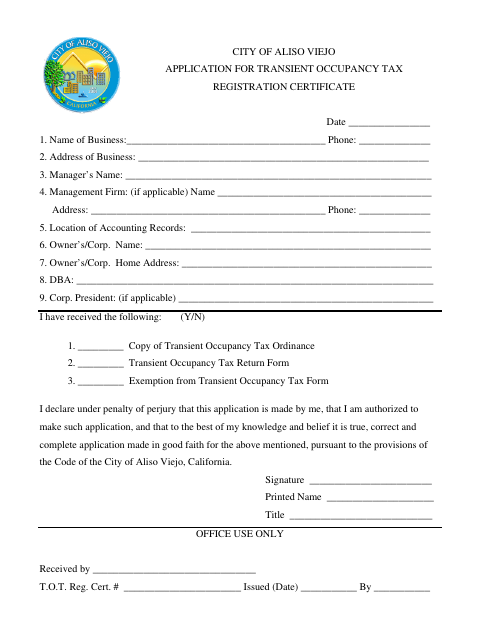 First page of the Transient Occupancy Tax Registration Certificate Application