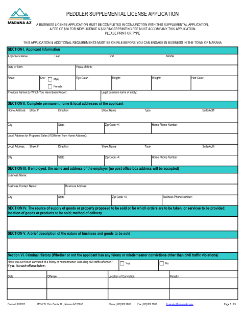 First page of the Peddler Supplemental License Application
