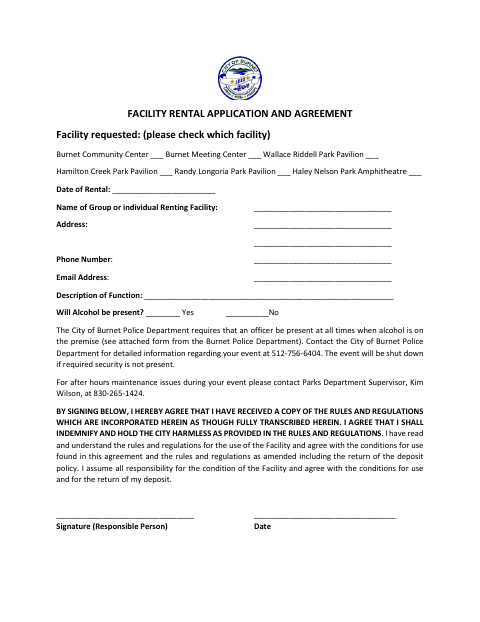 First page of the Facility Rental Application and Agreement