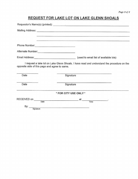 First page of the Lake Lot Request Form