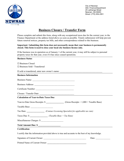 First page of the Business Closure / Transfer Form