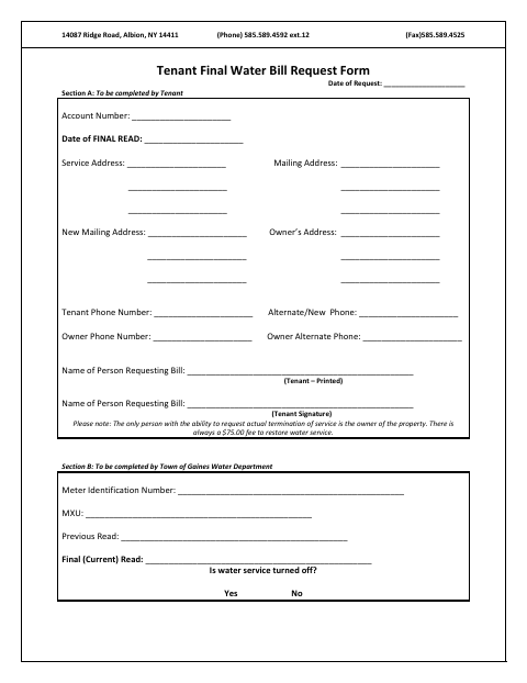 First page of the Tenant Final Water Bill Request Form