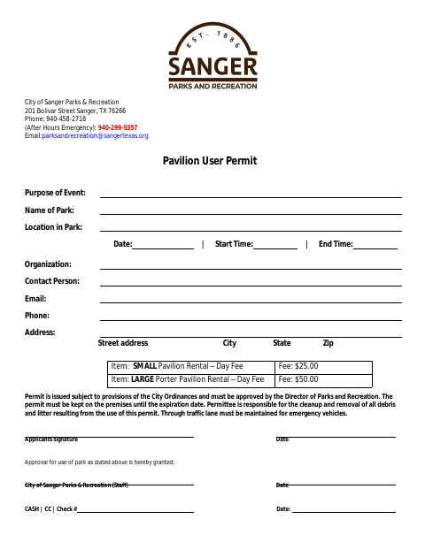 First page of the Pavilion User Permit