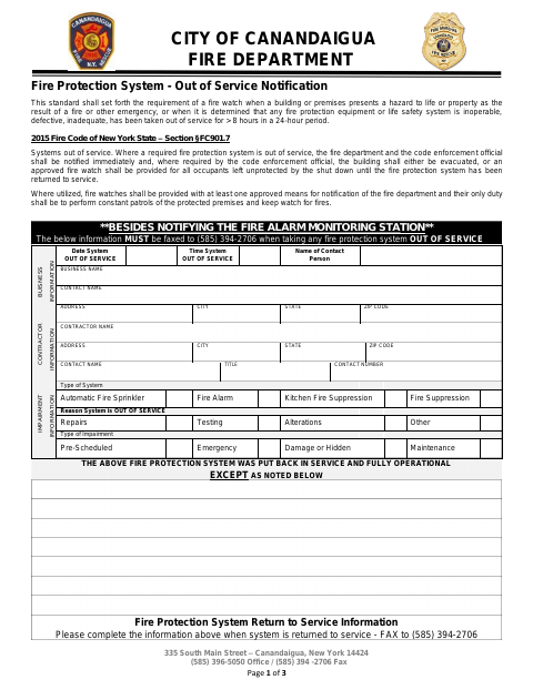 First page of the Fire Protection System Out of Service Notification