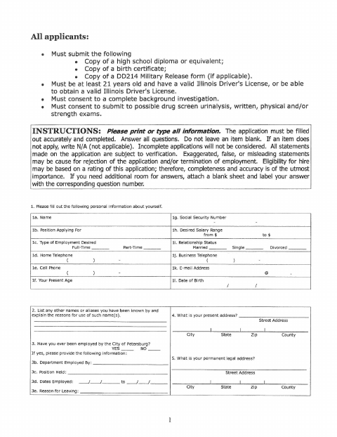 First page of the Police Department Employment Application