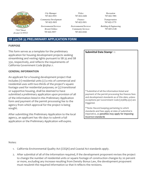First page of the SB 330/SB 35 Preliminary Application Form