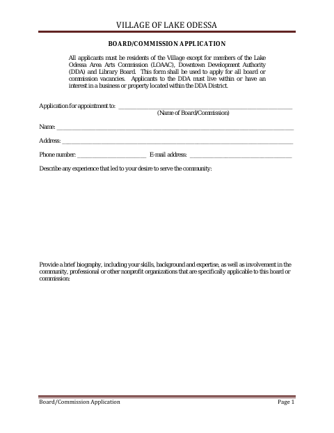 First page of the Board/Commission Application