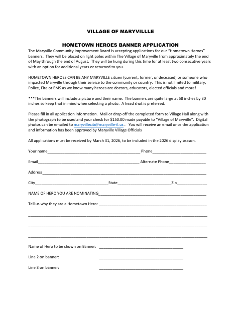 First page of the Hometown Heroes Banner Application