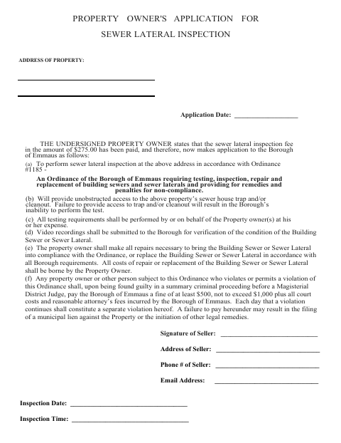 First page of the Property Owner's Application for Sewer Lateral Inspection