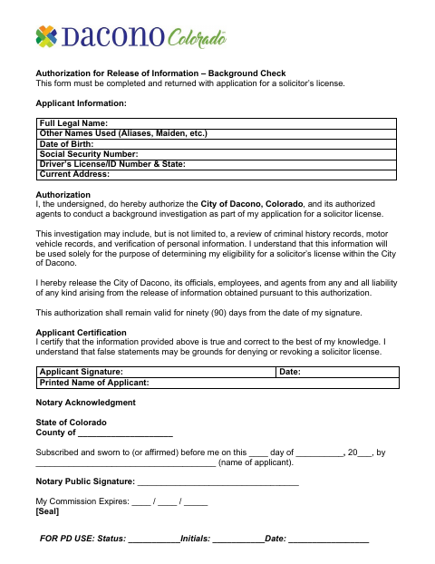 First page of the Authorization for Release of Information – Background Check