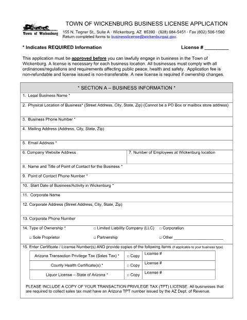 First page of the Business License Application