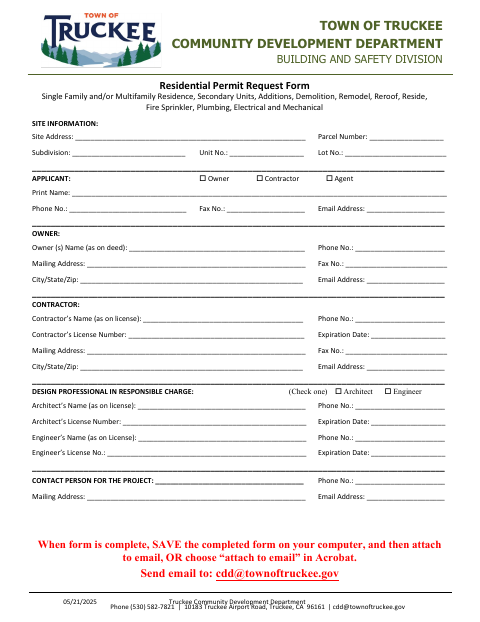 First page of the Residential Permit Request Form