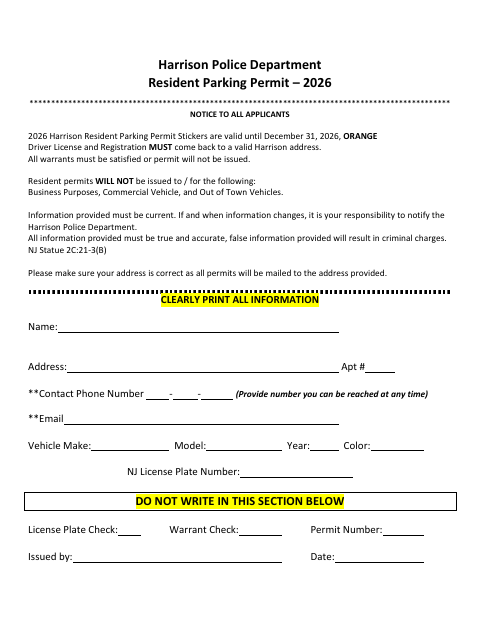 First page of the Resident Parking Permit Application