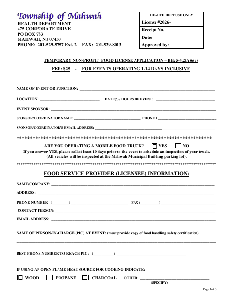 First page of the Temporary Non-Profit Food License Application
