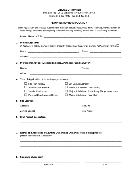 First page of the Planning Board Application