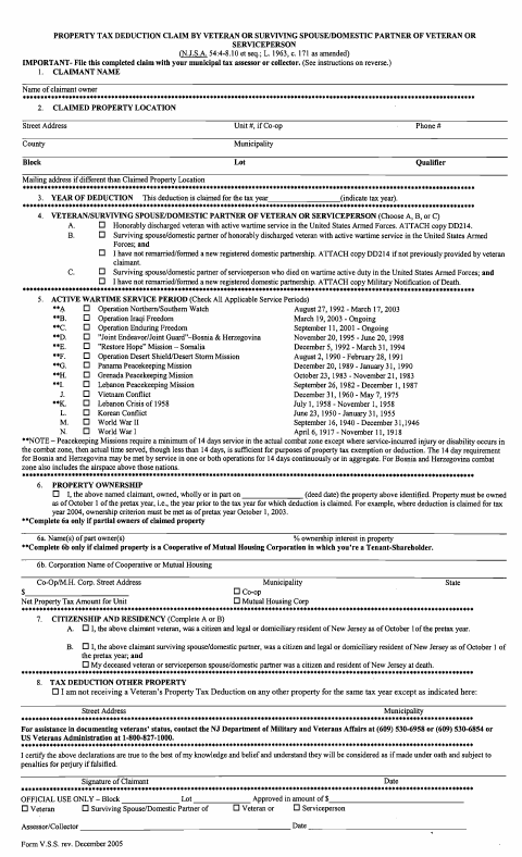 First page of the Property Tax Deduction Claim for Veterans