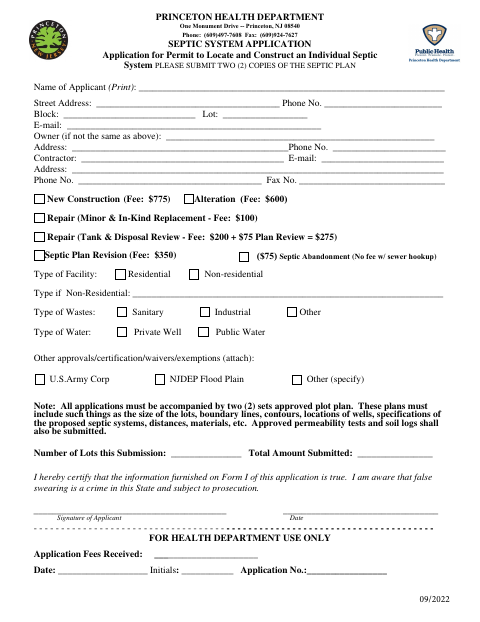 First page of the Septic System Application