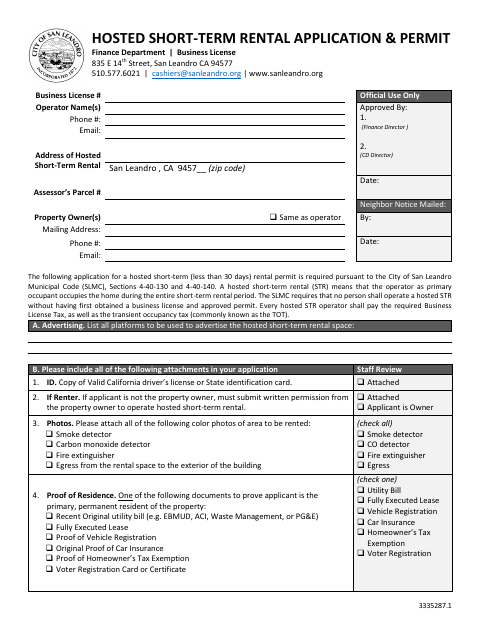 First page of the Hosted Short-Term Rental Application & Permit