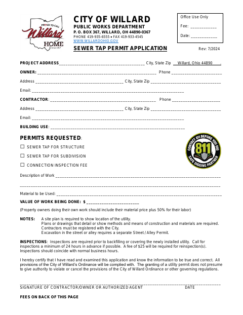 First page of the Sewer Tap Permit Application