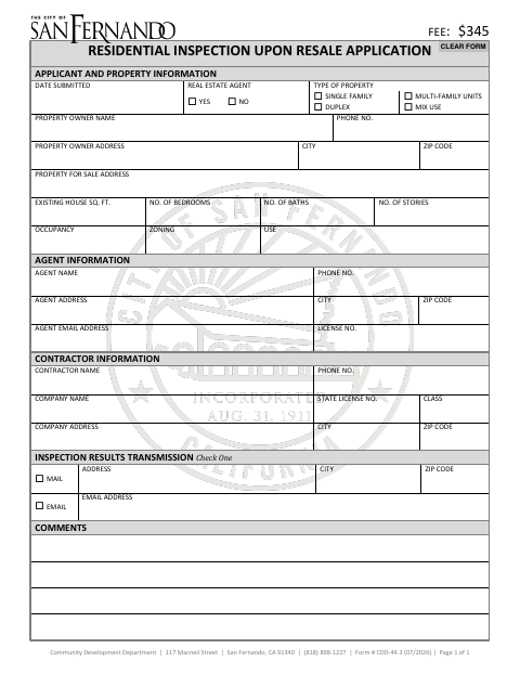 First page of the Residential Inspection Upon Resale Application