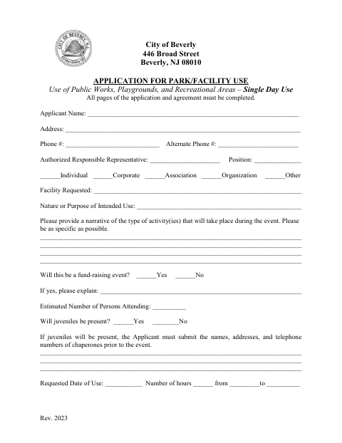 First page of the Application for Park/Facility Use