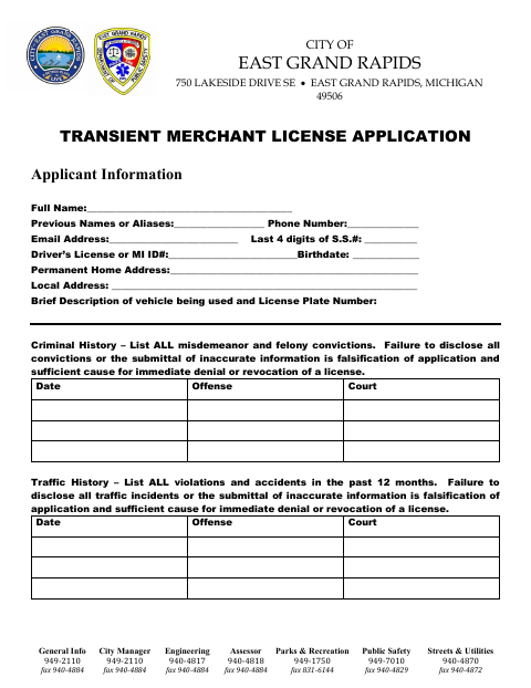 First page of the Transient Merchant License Application