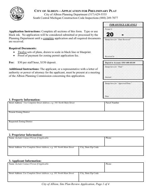 First page of the Preliminary Plat Application